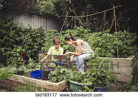 Stock Photo - Mixed race children using digital tablet in garden. Fotosearch