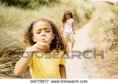 Stock Photo - Mixed race girl blowing dandelion seeds. Fotosearch