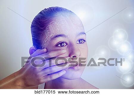 Mixed race girl with technology on her face View Large Photo Image Stock Photography - Mixed race girl with technology on her face. Fotosearch