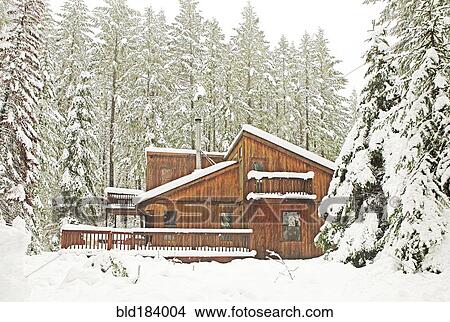 Modern wood cabin in snowy forest View Large Photo Image Picture - Modern wood cabin in snowy forest. Fotosearch