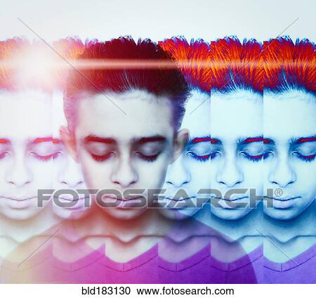 Stock Image - Multiple exposure of serious mixed race boy. Fotosearch