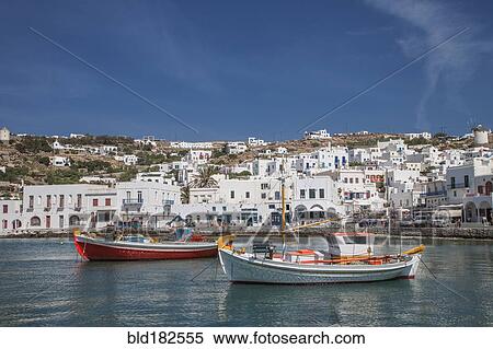 Stock Photography - Mykonos waterfront and cityscape, Cyclades, Greece. Fotosearch