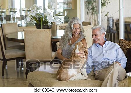 Older Caucasian couple petting dog View Large Photo Image Stock Photograph - Older Caucasian couple petting dog. Fotosearch