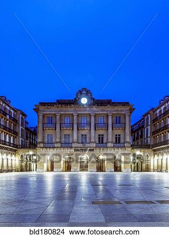 Picture - "Ornate building illuminated at night, San Sebastian, Gipuzkoa, Spain". Fotosearch