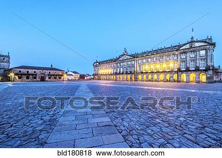 Stock Photo - "Ornate buildings over cobblestone plaza, Santiago de Compostela, A Coruna, Spain". Fotosearch