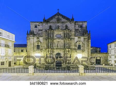 Stock Image - "Ornate church illuminated at night, Santiago de Compostela, A Coruna, Spain". Fotosearch