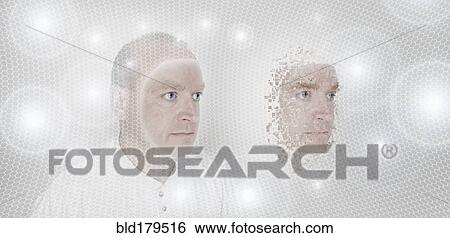 Stock Photograph - Pixelated Caucasian man in glowing orbs. Fotosearch