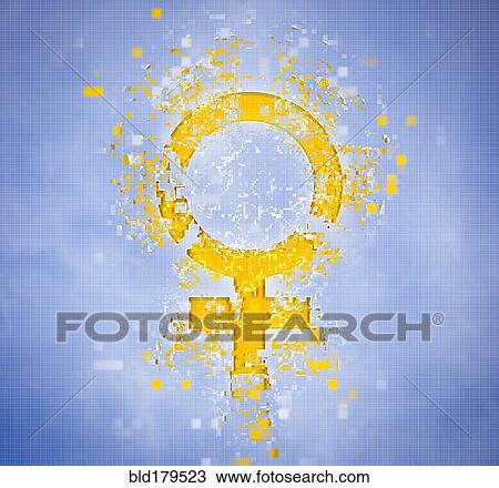 Stock Image - Pixelated female symbol on blue background. Fotosearch