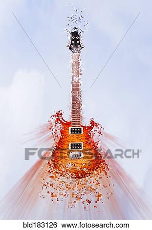 Stock Photograph - Pixelated guitar floating in sky. Fotosearch