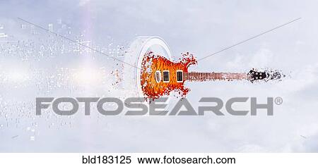 Stock Photography - Pixelated guitar floating in sky. Fotosearch