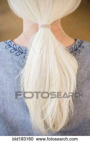 Stock Image - Rear view of ponytail of gray hair of Caucasian woman. Fotosearch