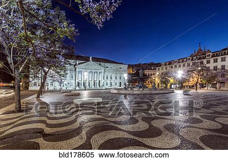 Stock Photography - Rossio Square illuminated at night, Lisbon, Lisbon, Portugal. Fotosearch