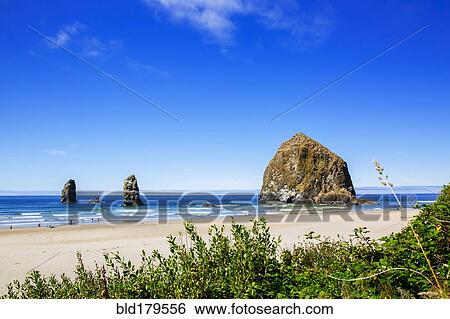 Stock Photograph - Sea stack rocks on beach under blue sky. Fotosearch