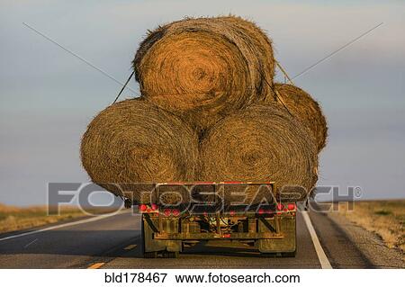 Stock Photo - Truck carrying hay bales on rural highway. Fotosearch