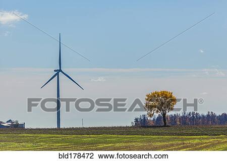 Stock Image - Wind turbine in rural field. Fotosearch