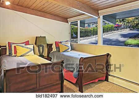 Window and beds in bedroom View Large Photo Image Stock Photo - Window and beds in bedroom. Fotosearch