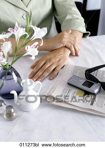 Stock Image - accessories of a businesswoman lying on a restaurant table. Fotosearch