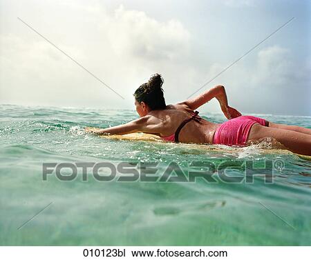 young woman in bikini swimming with surfboard View Large Photo Image Stock Image - young woman in bikini swimming with surfboard. Fotosearch