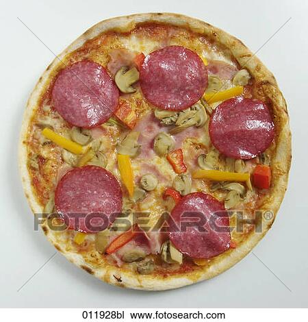 Stock Image - pizza with salami and mushrooms. Fotosearch