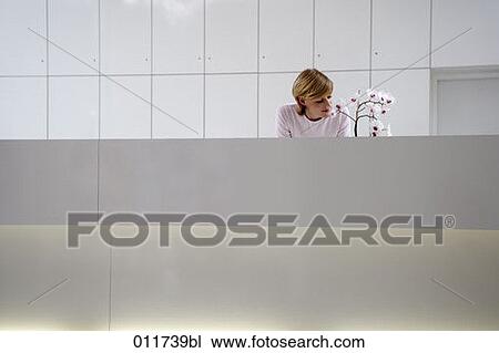 Stock Image - woman at office reception smelling flowers. Fotosearch