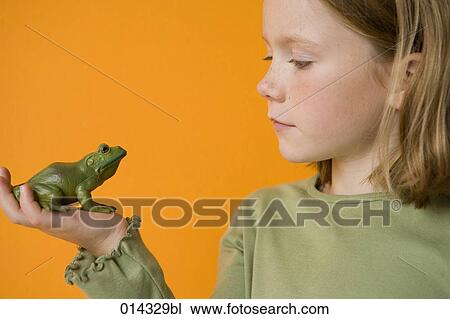 Stock Image - frog and girl looking at each other. Fotosearch