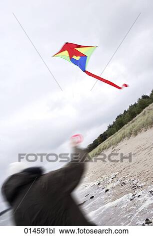 rear view of man playing with kite on beach in autumn View Large Photo Image Stock Image - rear view of man playing with kite on beach in autumn. Fotosearch