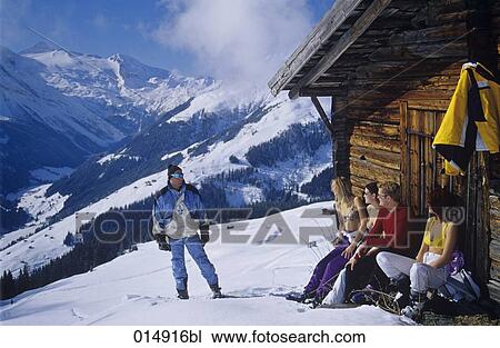 group of five young people relaxing in front of alpine hut View Large Photo Image Stock Image - group of five young people relaxing in front of alpine hut. Fotosearch