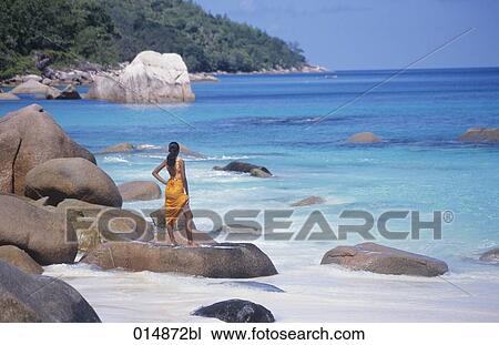 rear view of woman standing on rock on tropical beach View Large Photo Image Stock Image - rear view of woman standing on rock on tropical beach. Fotosearch