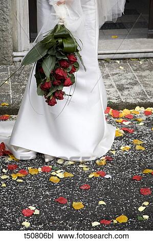 Bride standing outdoors holding rose bouquet View Large Photo Image Stock Image - Bride standing outdoors holding rose bouquet. Fotosearch