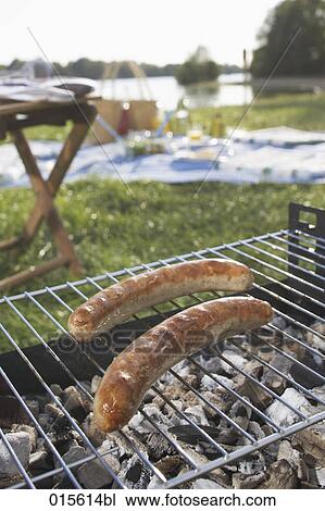 still life of barbecue with two sausages on charcoal grill View Large Photo Image Stock Image - still life of barbecue with two sausages on charcoal grill. Fotosearch