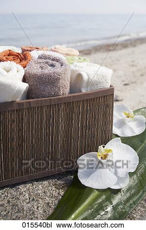 still life of towels in basket and white flowers View Large Photo Image Stock Image - still life of towels in basket and white flowers. Fotosearch