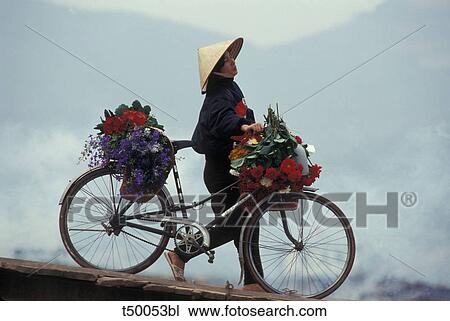 Vietnamese woman pushing bike View Large Photo Image Stock Image - Vietnamese woman pushing bike. Fotosearch