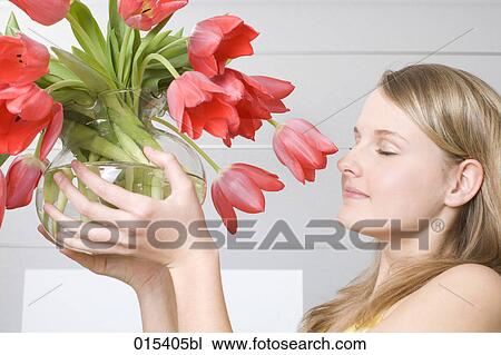 young woman smelling red tulips View Large Photo Image Stock Image - young woman smelling red tulips. Fotosearch