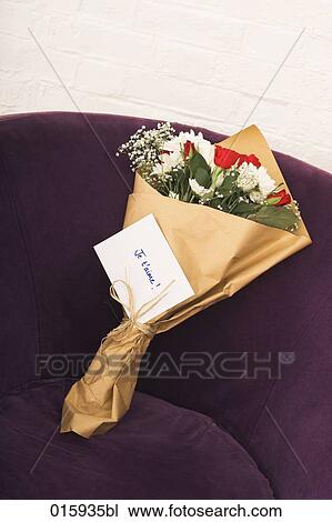 still life of flower bouquet on arm chair with french note je t´aime View Large Photo Image Stock Image - still life of flower bouquet on arm chair with french note je t´aime. Fotosearch