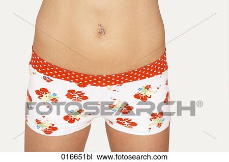 Stock Image - close-up of young woman wearing colourful underpants. Fotosearch