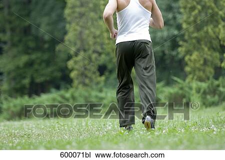 rear view of young man jogging through park View Large Photo Image Stock Image - rear view of young man jogging through park. Fotosearch
