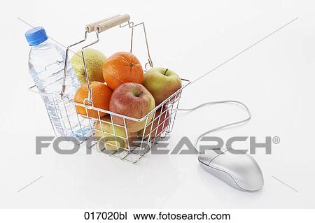 still life of computer mouse and fruit and water bottle in shopping basket View Large Photo Image Stock Image - still life of computer mouse and fruit and water bottle in shopping basket. Fotosearch