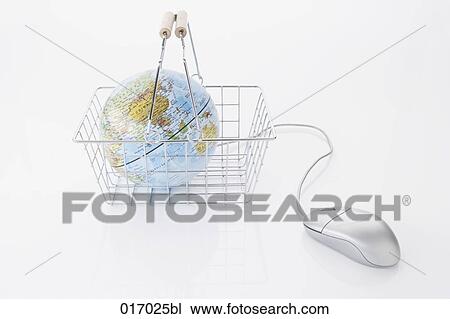 still life of globe in shopping basket and computer mouse View Large Photo Image Stock Image - still life of globe in shopping basket and computer mouse. Fotosearch