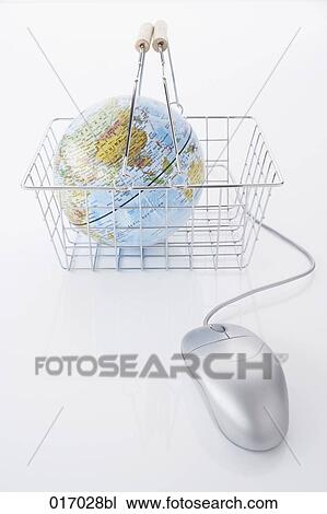 still life of globe in shopping basket and computer mouse View Large Photo Image Stock Image - still life of globe in shopping basket and computer mouse. Fotosearch