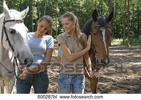 two female friends with horses View Large Photo Image Stock Image - two female friends with horses. Fotosearch