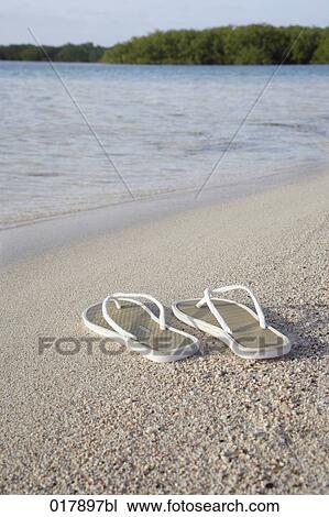 Stock Image - pair of flip flops on sandy beach. Fotosearch