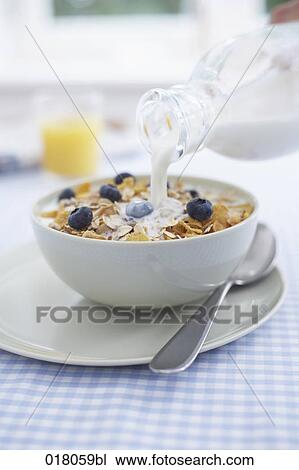 Stock Image - milk being poured onto cereals. Fotosearch