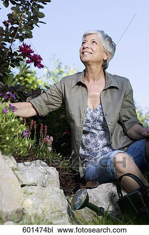 portrait of mature woman looking at flowers in garden View Large Photo Image Stock Image - portrait of mature woman looking at flowers in garden. Fotosearch