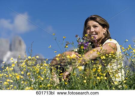 portrait of mature woman sitting in summer meadow View Large Photo Image Stock Image - portrait of mature woman sitting in summer meadow. Fotosearch