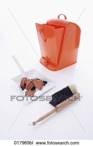 Stock Image - still life of bucket brush and dustpan with shards. Fotosearch
