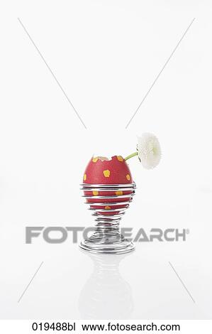 Stock Image - still life of easter egg decorated with flower in eggcup. Fotosearch