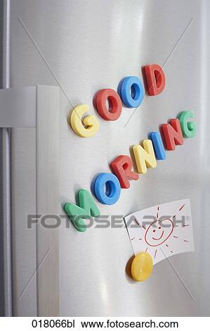 still life of note on refrigerator door reading good morning View Large Photo Image Stock Image - still life of note on refrigerator door reading good morning. Fotosearch