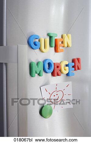 still life of note on refrigerator reading good morning in German View Large Photo Image Stock Image - still life of note on refrigerator reading good morning in German. Fotosearch