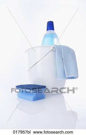 Stock Image - still life of sponge bucket and cleaning agent. Fotosearch