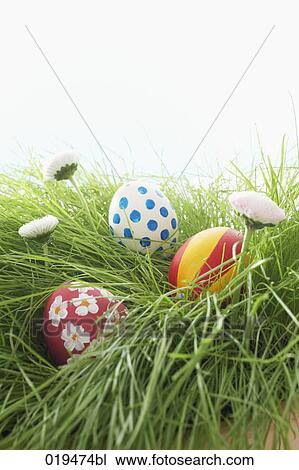 three painted easter eggs lying in grass View Large Photo Image Stock Image - three painted easter eggs lying in grass. Fotosearch